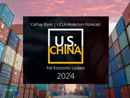 A US-China UCLA Anderson Forecast logo floats over a background image of a pink lit sky over shipping containers off a U.S. port.